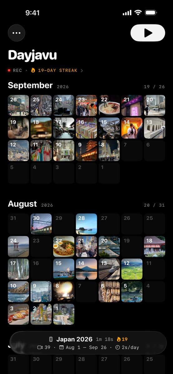 Dayjavu calendar of a "Japan 2026" memory: a photo for each filmed day of August and September, and a 19-day streak on the REC line