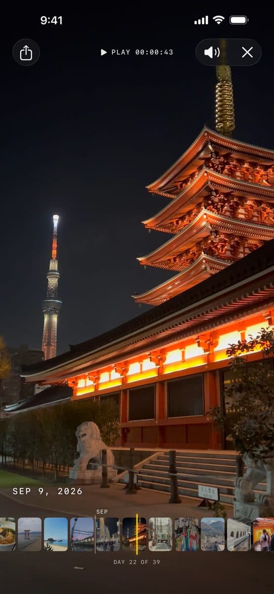 Full-screen playback of Senso-ji temple at night on 9 September, with the filmstrip scrubber along the bottom